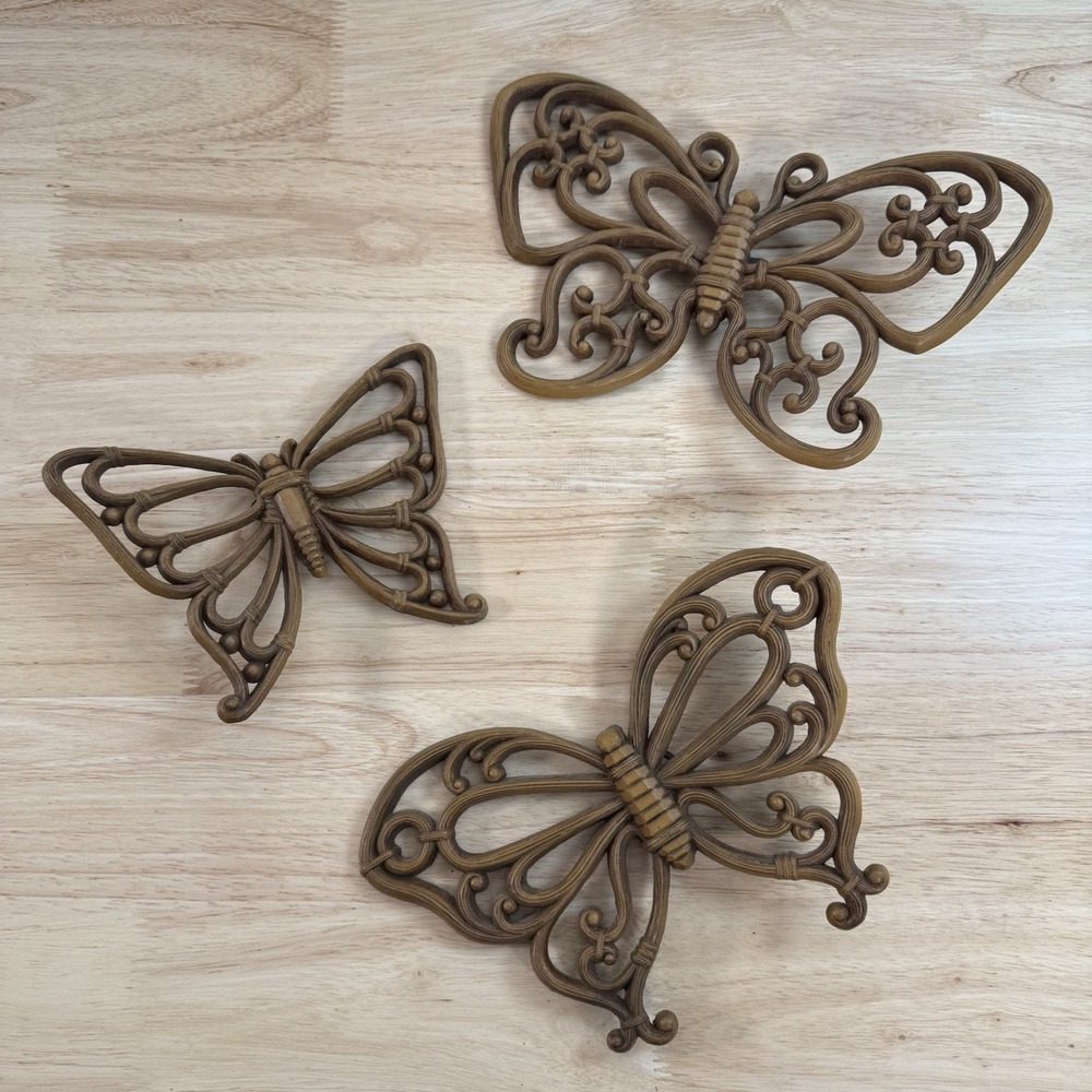 Vintage Homco Butterflies #7537 Wall Art Decor Brown Hard Plastic Set Of 3‎